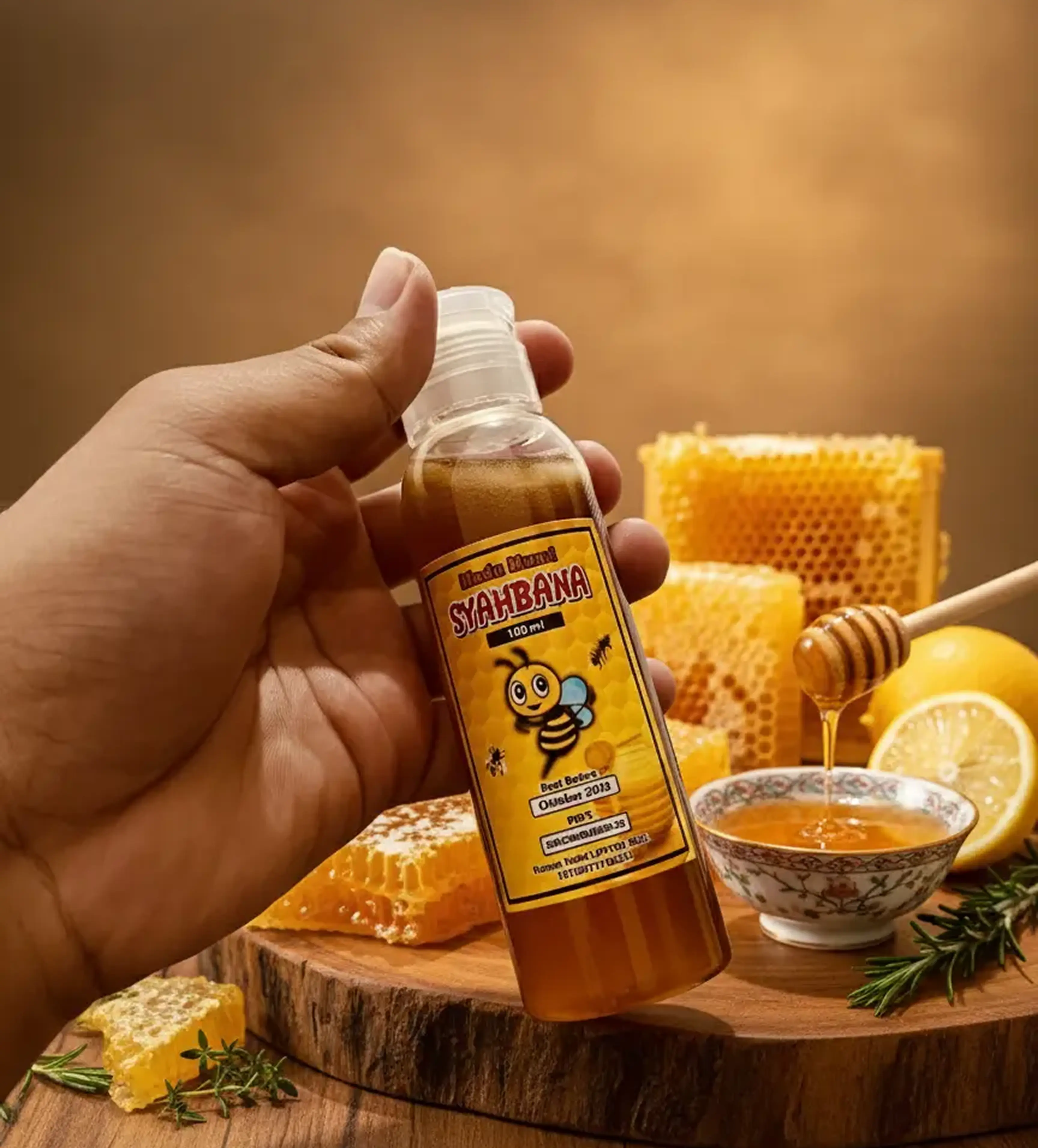 Madu klanceng dalam botol kaca di atas meja kayu alami